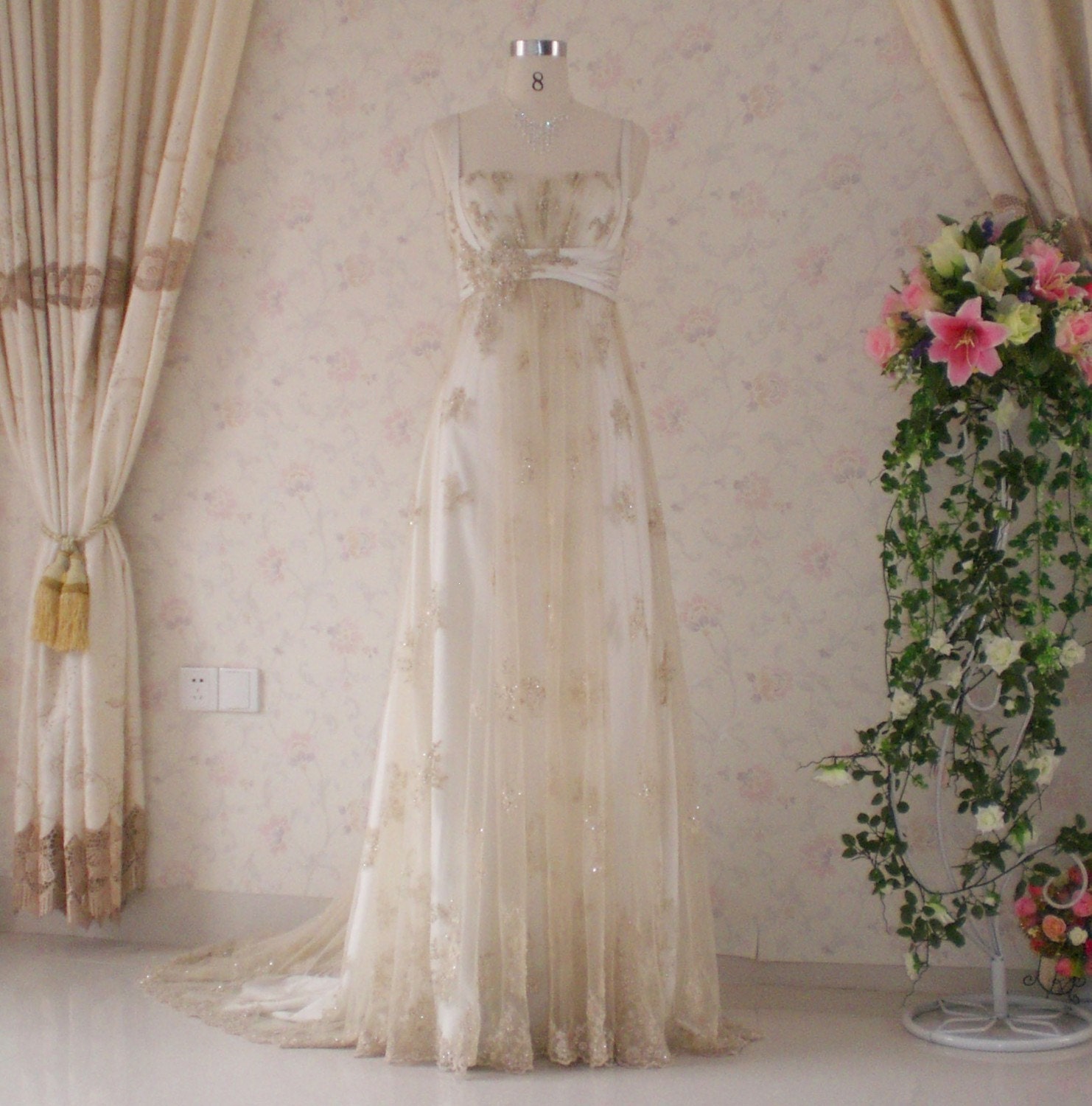 Wedding Dress with Vintage Inspired Lace and Charmeuse Empire Waist Style