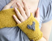 Heart in Your Hand Warmers - Fingerless Mitts with Button Strap -  Mustard Yellow