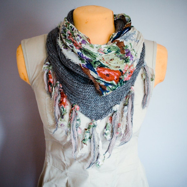 Cottage Floral Cowl Scarf - Reversible Knit Kerchief with Fabric and Fringe