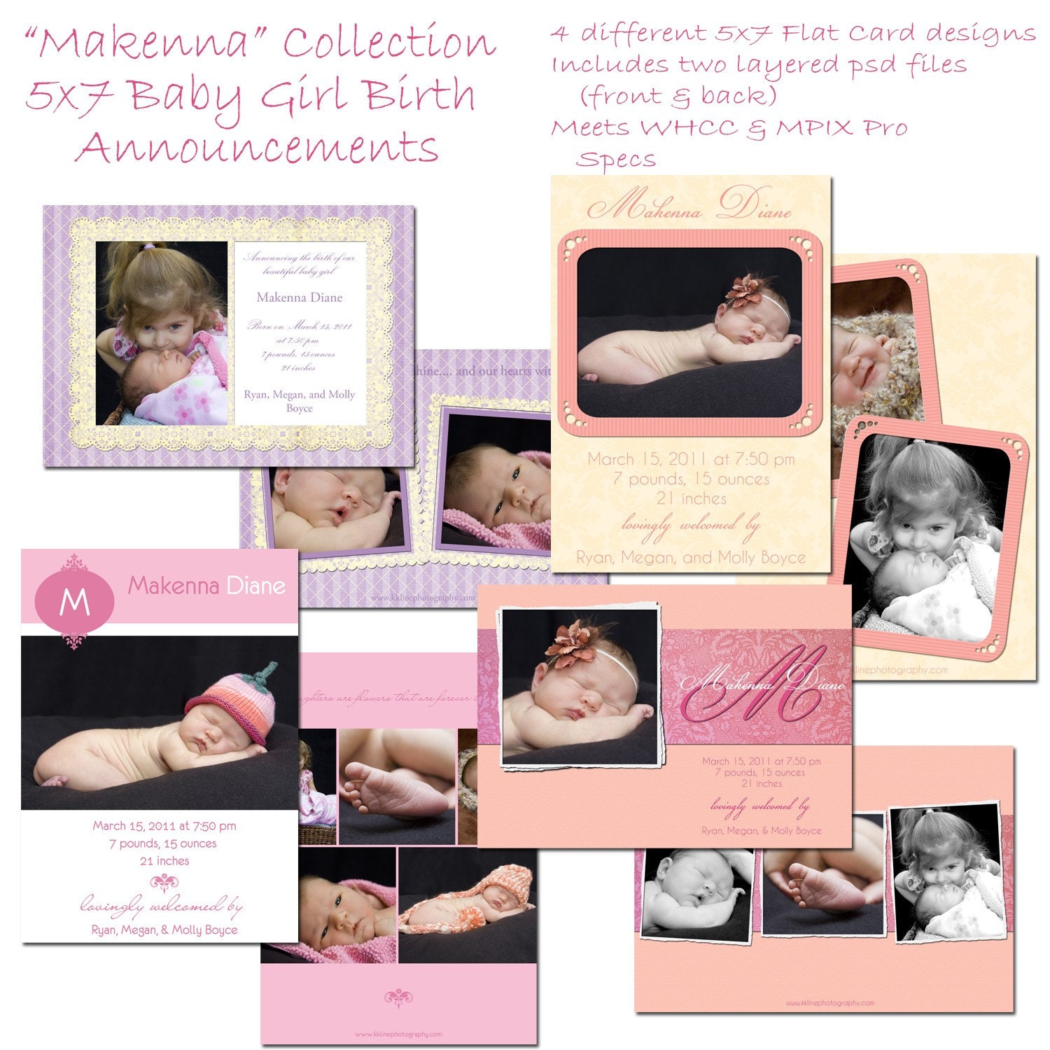 Save BIG with Makenna Collection Baby Girl Birth Announcments - Perfect for Photographers - 5x7 Flat - Two Sided -