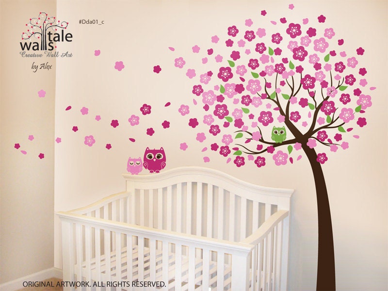 Cherry Tree with Owls wall decals - 3 cute owl decal with blossom tree for nursery.