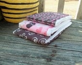 Burp Cloths Pink and Brown - Flowers, Hearts and Swirls - Set of 3