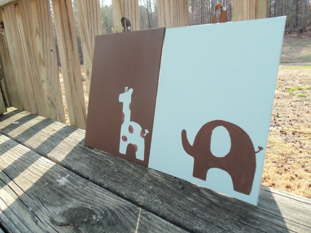 Set of 2 8x10s - Blue and Brown Elephant and Giraffe