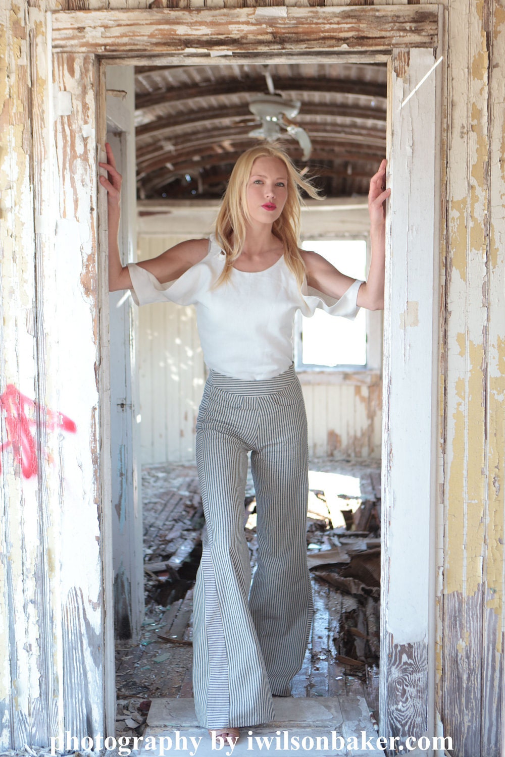 Indigo, Railroad Stripe Pants in Hemp Cotton with a Wide Leg, Contrast Side Detail