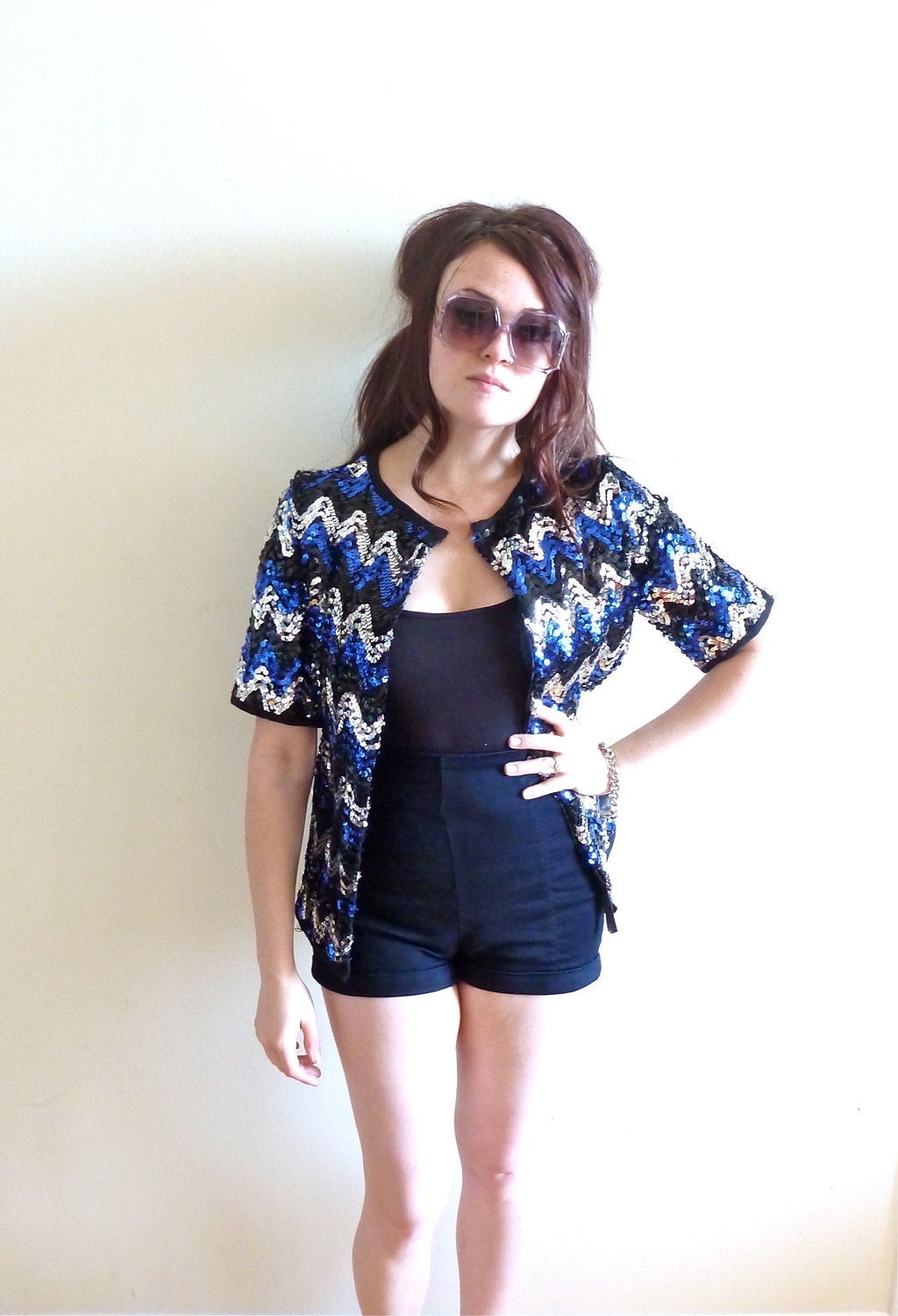 VTG. Avant Garde Sequin Jacket- Med, Glam, Blue, Gaga, Zig Zag