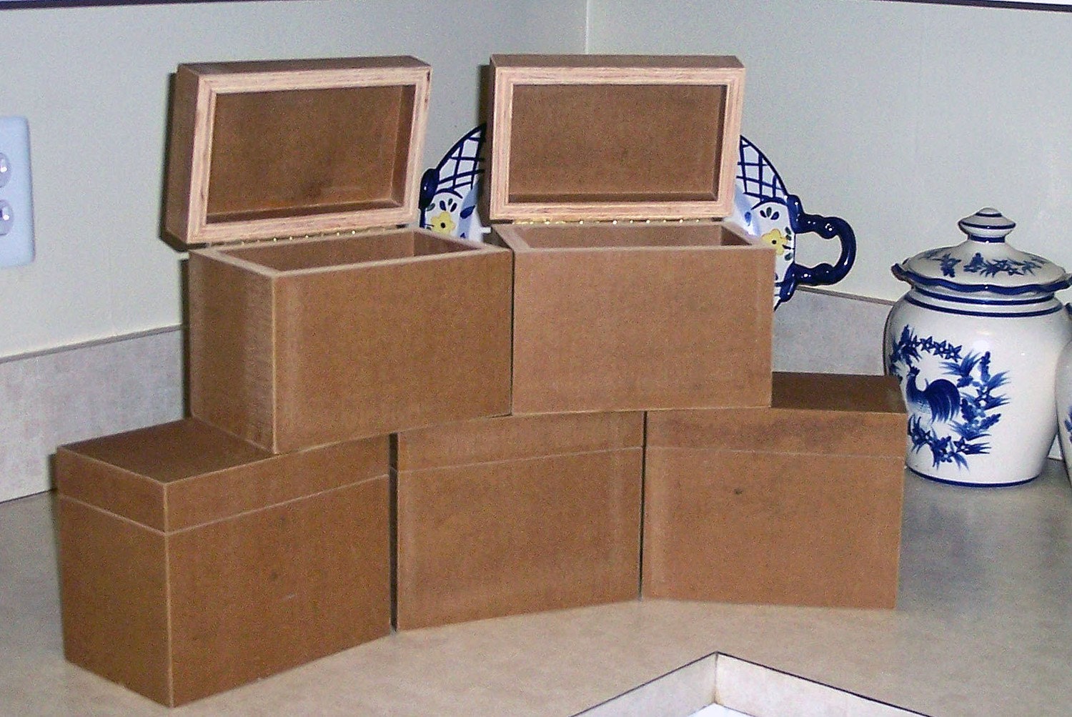 Five (5) Unfinished Wood Recipe Boxes