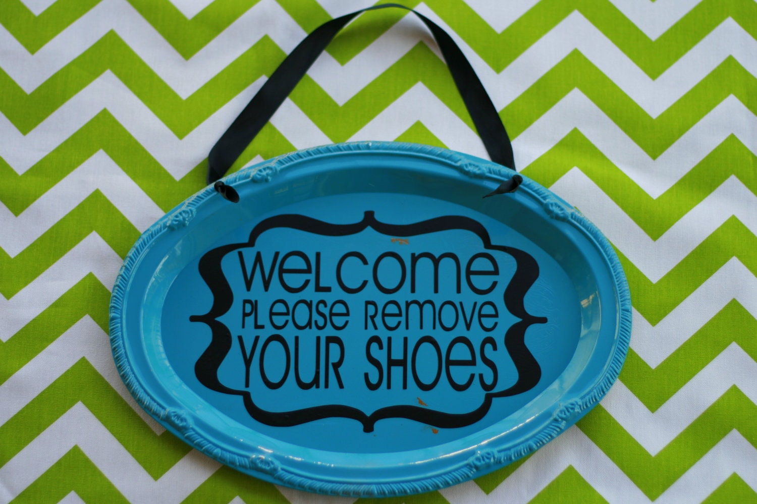 Welcome Please Remove Your Shoes Sign  to Hang on Door or Entryway.  Turquoise and Black.  Choose Your Colors.  Home Decor.