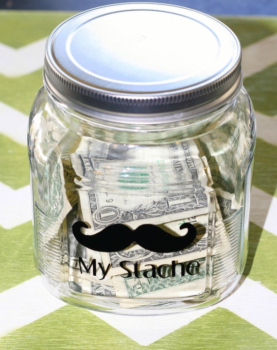 Vinyl Decal "My Stache" with Mustache Decal to label jar.  Great Gift. Choose Your COLOR.