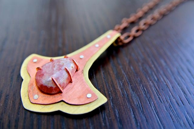Rhodonite Healer's Necklace in Brass, Copper and Sterling Silver. OOAK Jewelry by FullSpiral on Etsy
