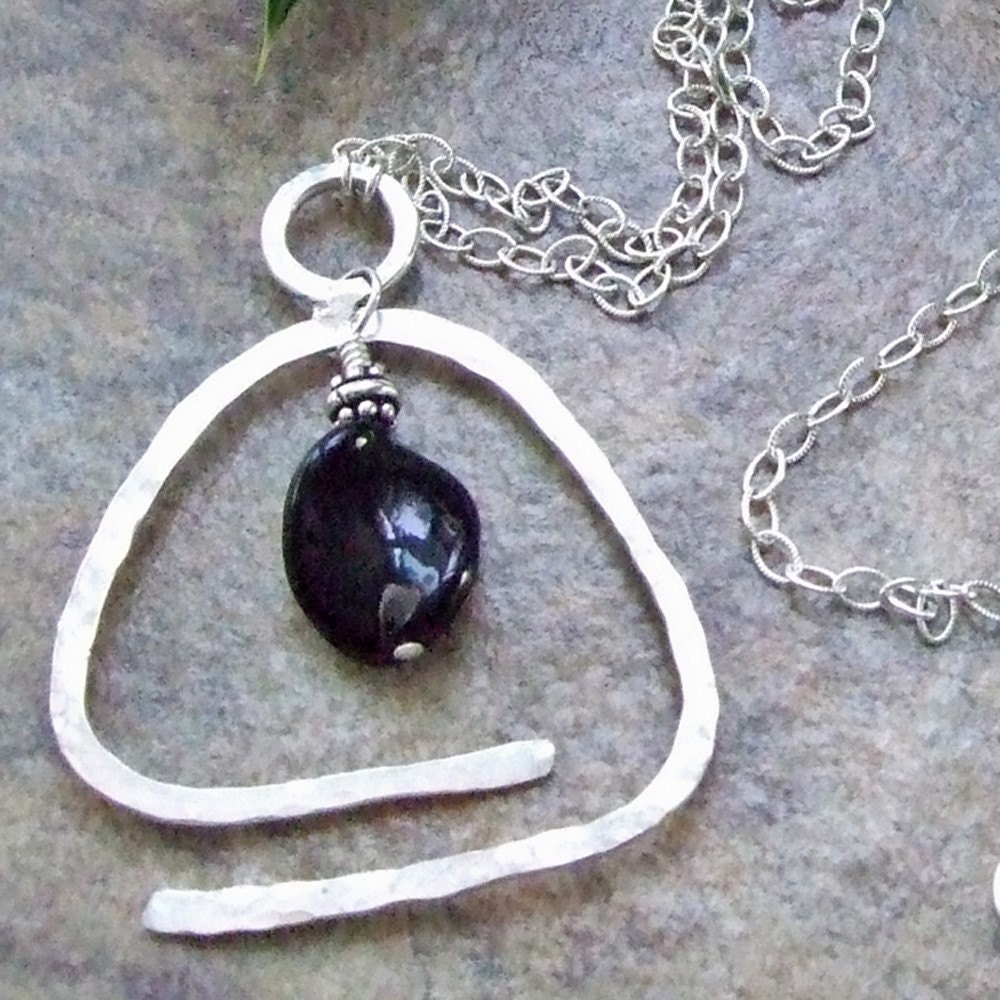 Black Bead and Sterling Silver Pendant Chain Necklace with Matching Earrings