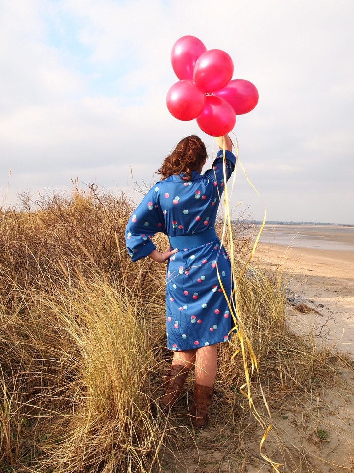 Sally Anne, French Vintage Electric Blue Long Sleeved Dress with Pretty Hot Pink Polka Dot Print
