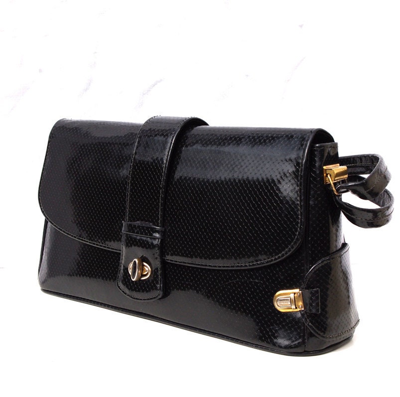 Vicky, French Vintage, Black Patent Snakeskin Leather Handbag from Paris