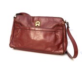 Clara, Etiene Aigner, French Vintage, Designer, Mulberry Red Leather, Satchel Messenger Handbag with Zip Top.
