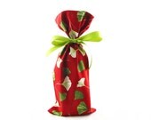 Organic Cotton Wine Bottle Bag in Red Ginkgo Fabric with Recycled Ribbon