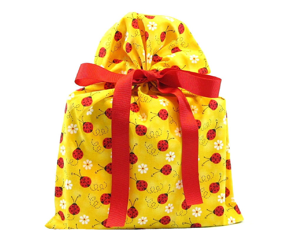 Bright Yellow Reusable Cloth Gift Bag with Ladybugs by VZWraps