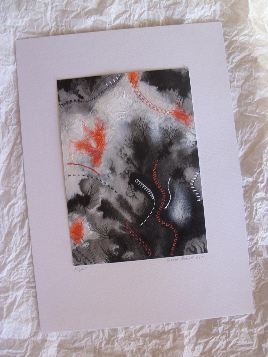 Original painting Abstract  Black and white  watercolor collage mixed media - Fight