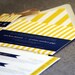 Preppy Chic Striped Wedding Invitation shown in Navy Blue, Yellow and White, Build-Your-Invite Collection - DEPOSIT