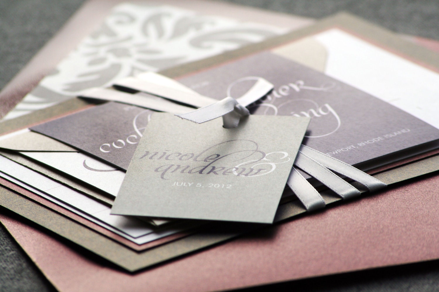 Dramatic Script Modern Wedding Invitation shown in Eggplant, Grey and White, Build-Your-Invite Collection - SAMPLE
