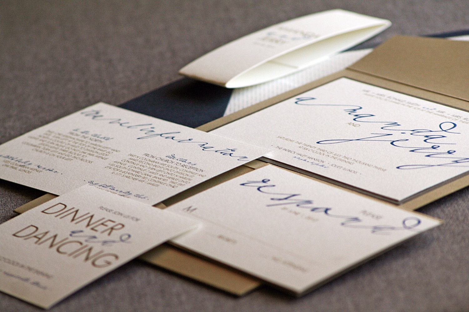 Modern Calligraphy Script Wedding Invitation shown in Sapphire Blue, Gold, Grey and Cream, Build-Your-Invite Collection - SAMPLE