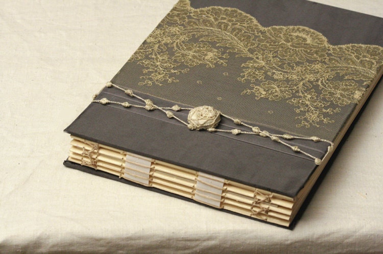 Custom Photo Album, Wedding Memory Book,  Glassine Paper, Slate Gray or Black and Ivory, Antique Alencon Lace