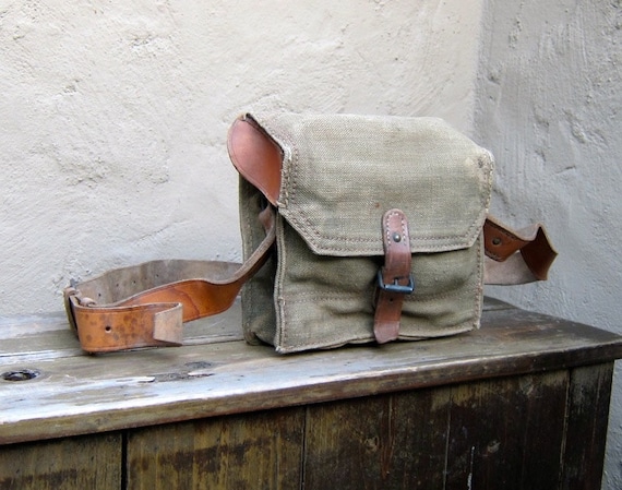 Vintage 1950's Military Army Green Canteen Canvas Leather Messenger Bag