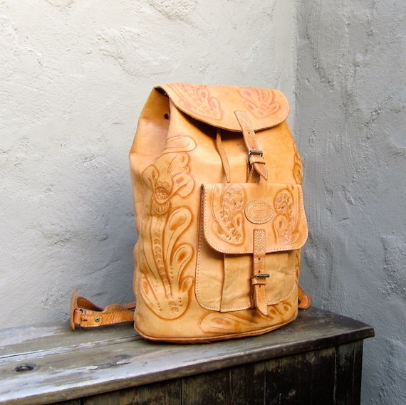 Vintage Hand Made Tooled Distressed Tan Leather Large Rucksack Backpack