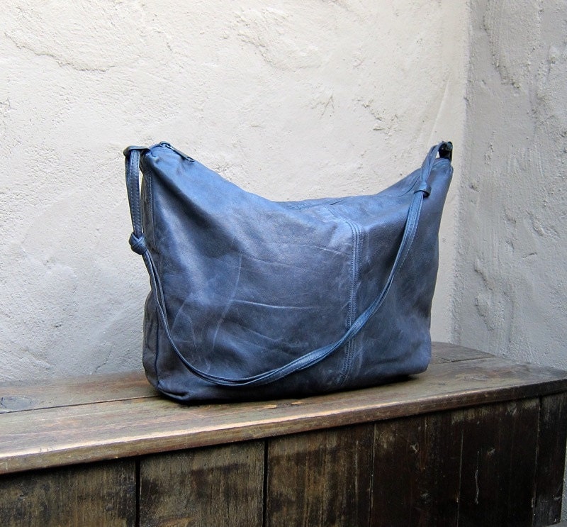 Vintage Large Worn In Slouchy Grey Leather Hobo Shoulder Bag