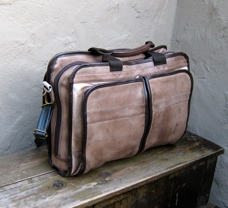 Vintage Distressed Mocha and Chocolate Brown Leather Work Briefcase