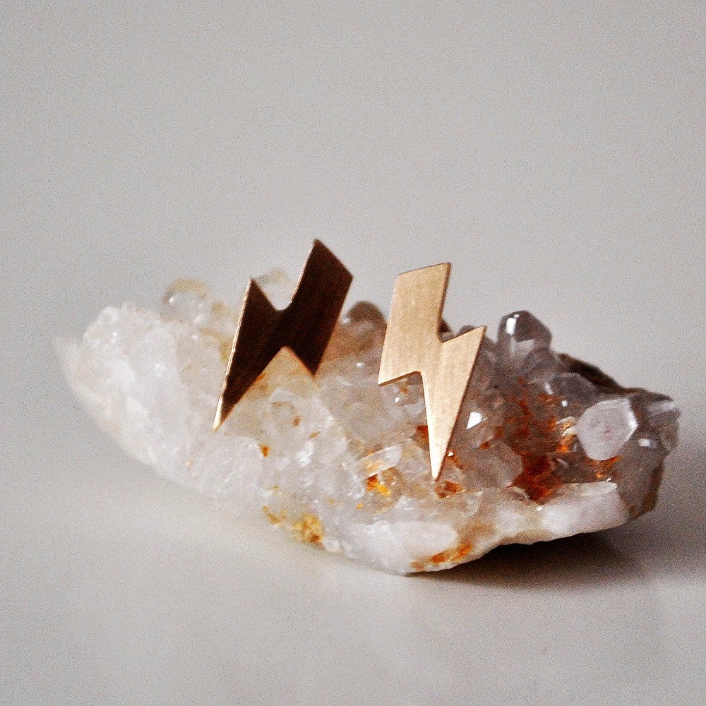Lightning Bolt 14k Yellow Gold Stud Earrings -  Post Earrings in solid gold
