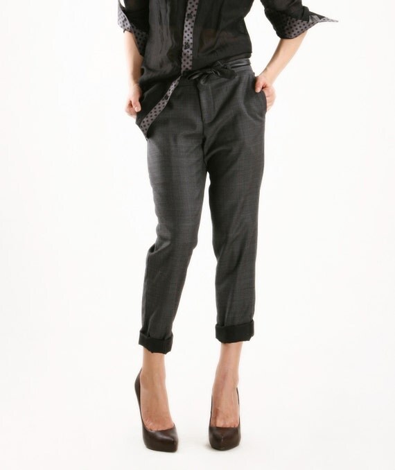 Grey plaid pants with leather belt