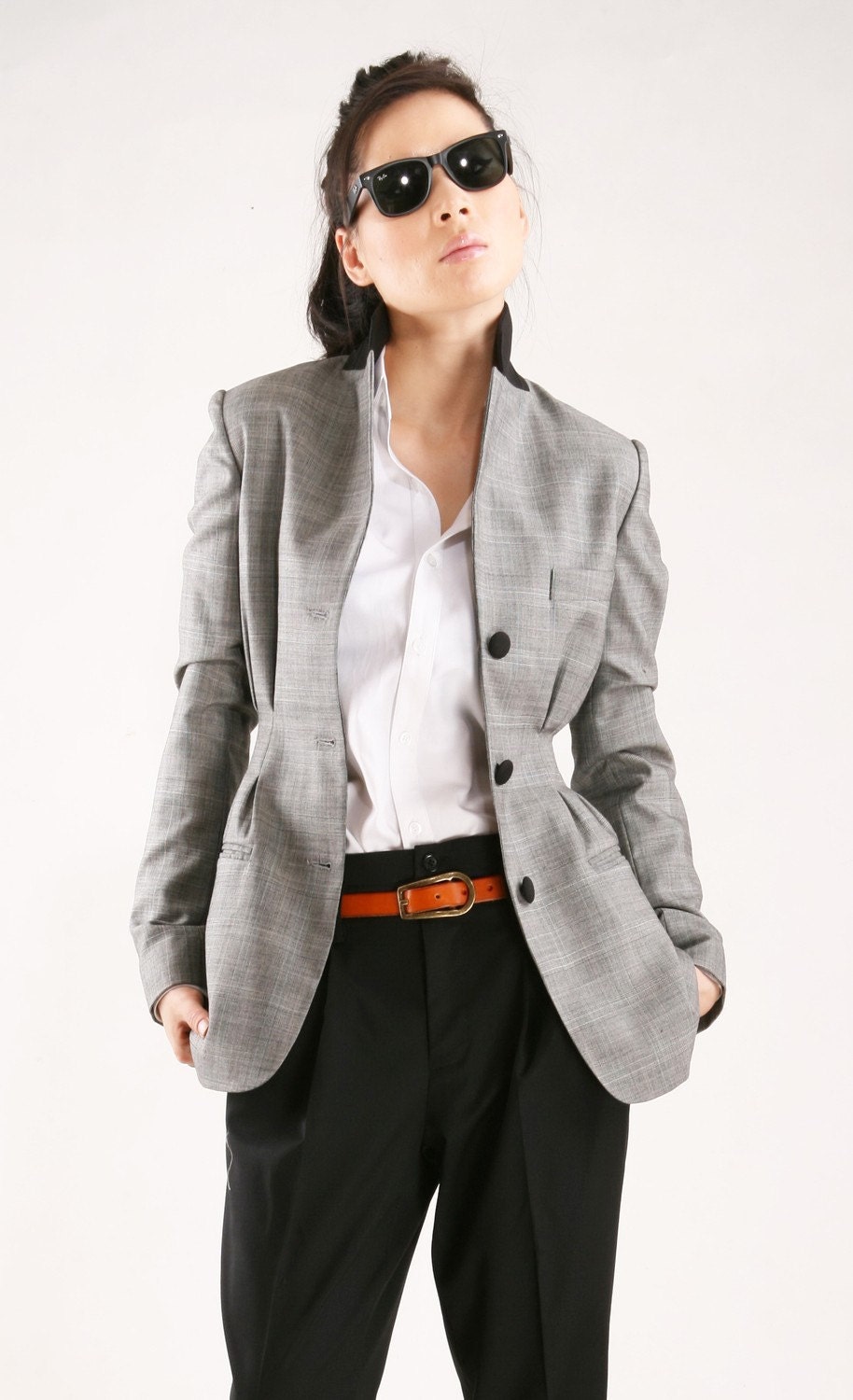 3 buttons, grey plaid jacket with open pleat