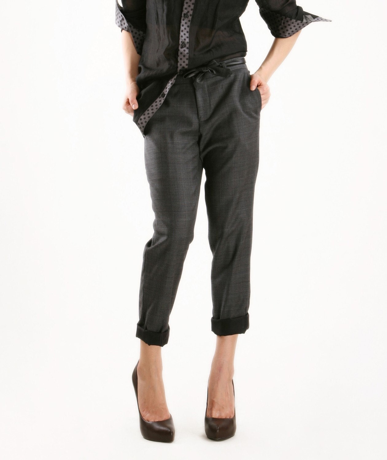 Grey plaid pants with leather belt