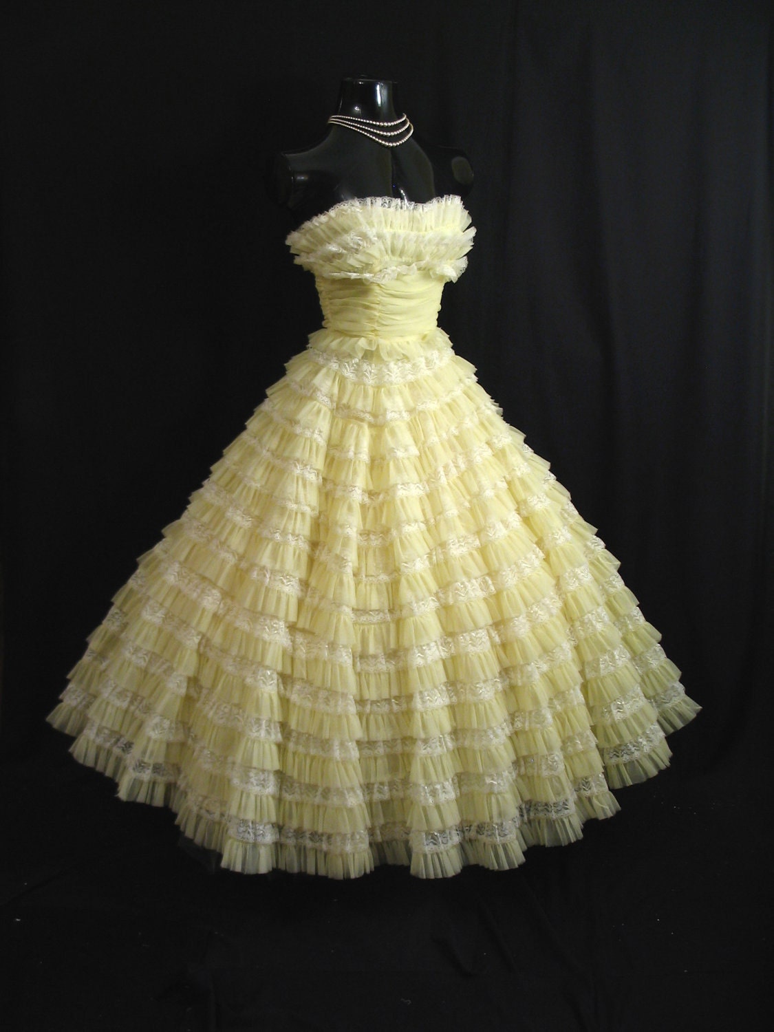 Vintage 1950's 50s STRAPLESS Bombshell Cupcake Lemon Yellow Chiffon Organza Lace Tiered Party Prom Wedding Dress