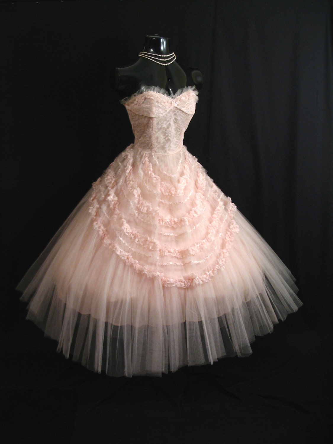Vintage 50's 50s STRAPLESS Pink Tulle Lace Ribbon Party PROM Wedding DRESS Gown