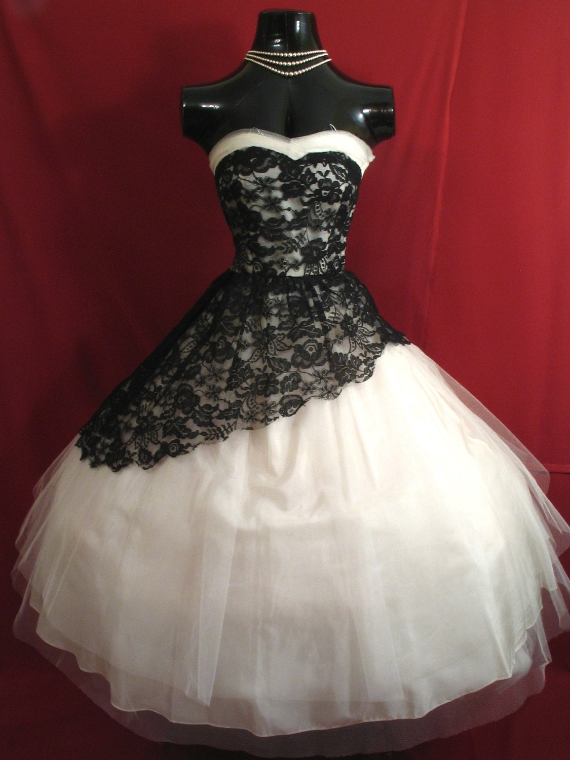 Vintage 1950's 50s STRAPLESS Black White Lace Tulle Party Prom Wedding Dress