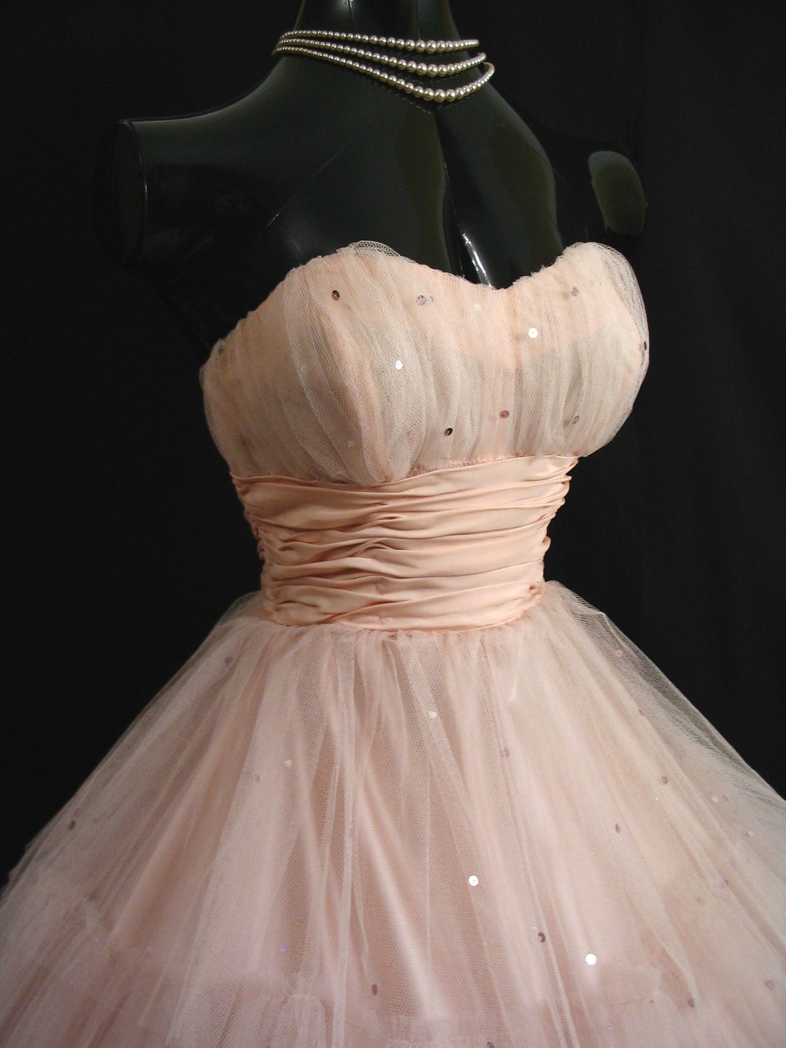 Vintage 50's 50s STRAPLESS Shell Pink Layered Tulle Taffeta Sequins Party PROM Wedding DRESS Gown