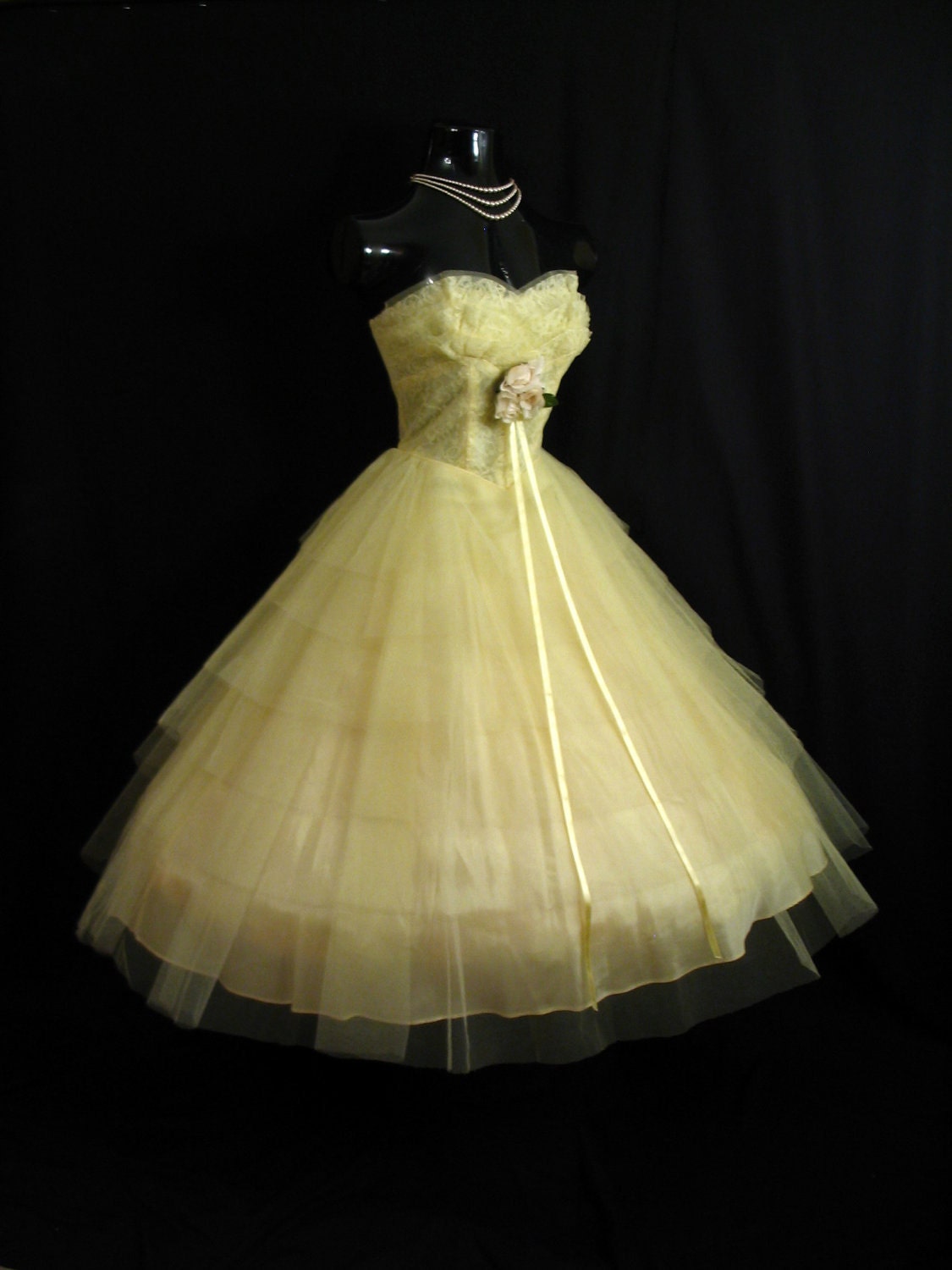 RESERVED Vintage 1950's 50s Strapless Bombshell Layered Lemon Yellow Tulle Lace Party PROM Wedding DRESS