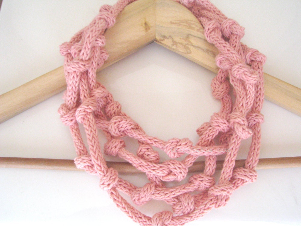 Coral organic cotton knitted necklace, salmon pink, eco jewelry
