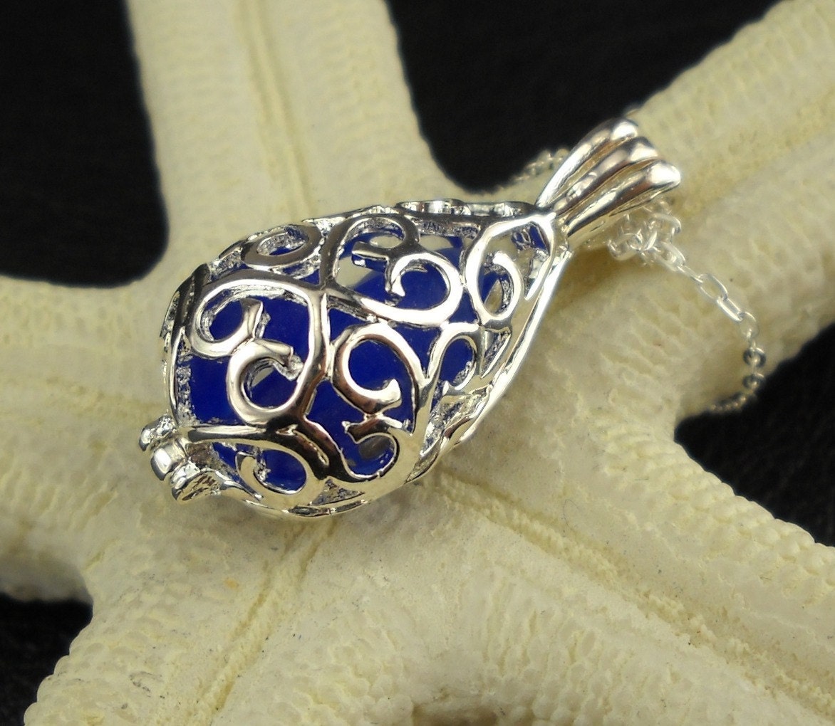 Cobalt Blue Sea Glass Locket Necklace RARE