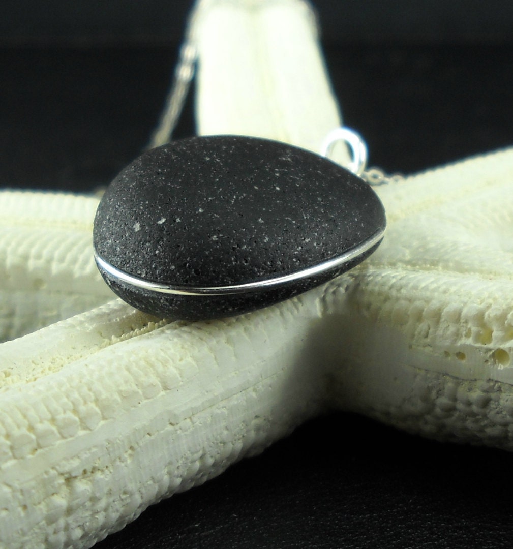 Black Sea Glass Necklace RARE Wire Wrapped In Sterling Silver