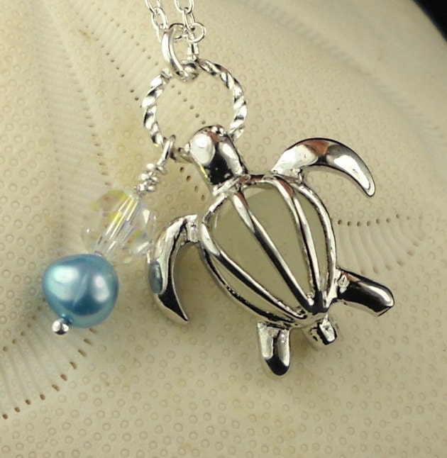 SALE Sea Glass Jewelry Turtle Locket Necklace Winter White