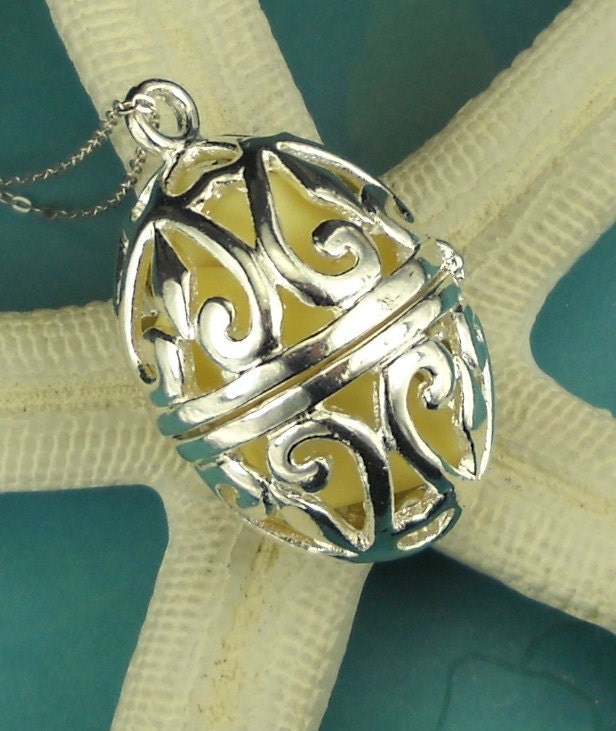 Large Sea Glass Necklace Filigree Locket Filled With Yellow Milk Glass
