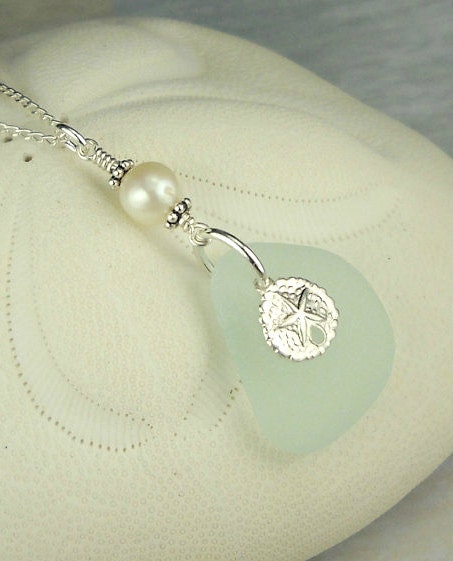 Sea Glass Necklace Aqua With Pearl And Sand Dollar Sterling Silver