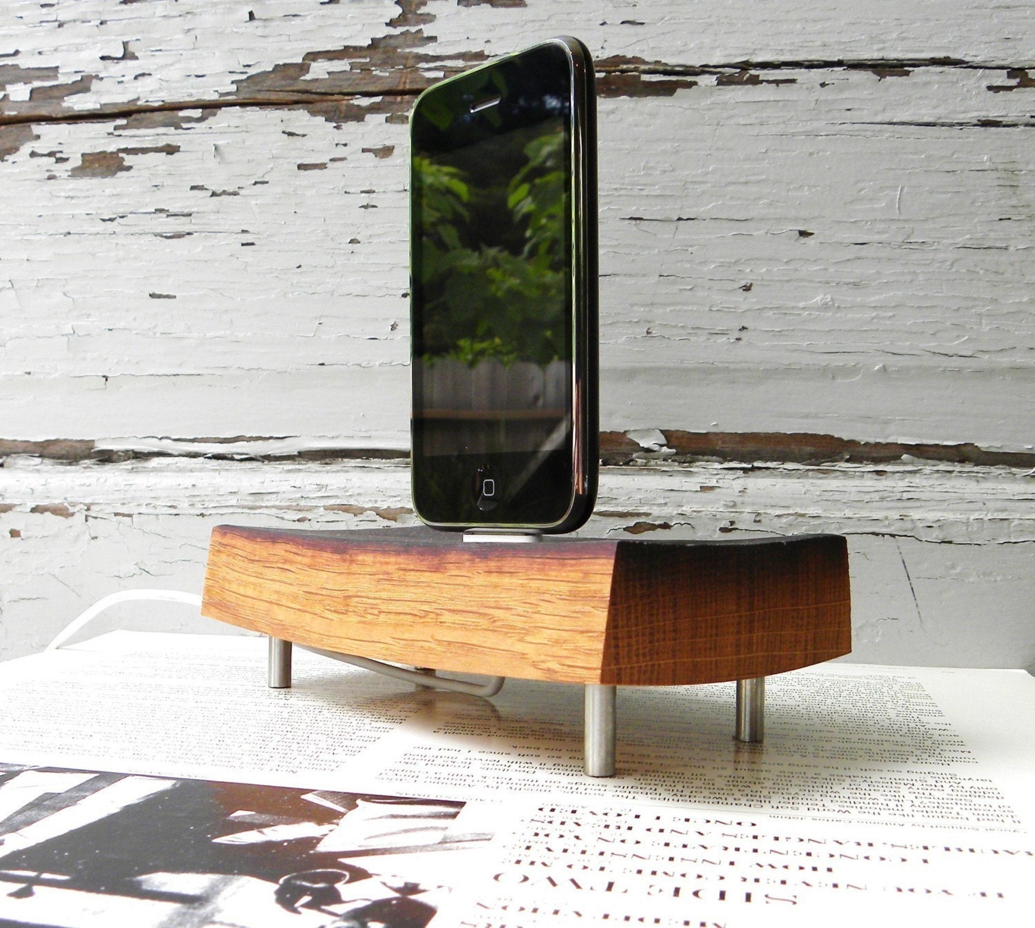 wood ipod and iphone dock charger, reclaimed French oak wine barrel