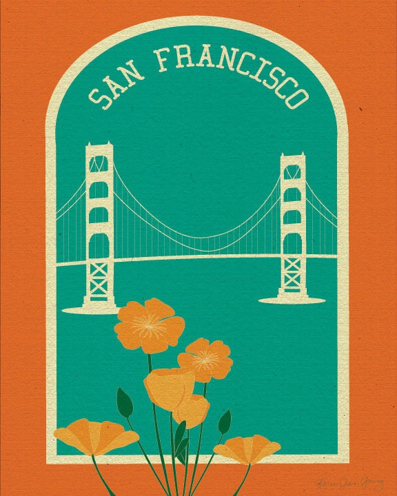 San Francisco Golden Gate Bridge and Poppies Poster Print - Wall Art for Home, Office, and Nursery