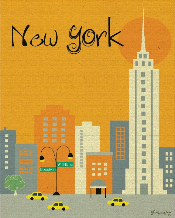 New York City, Manhattan Art Poster Print (2 color schemes - style E8-O- NY2 gray or style -  E8-O-NY2 orange)