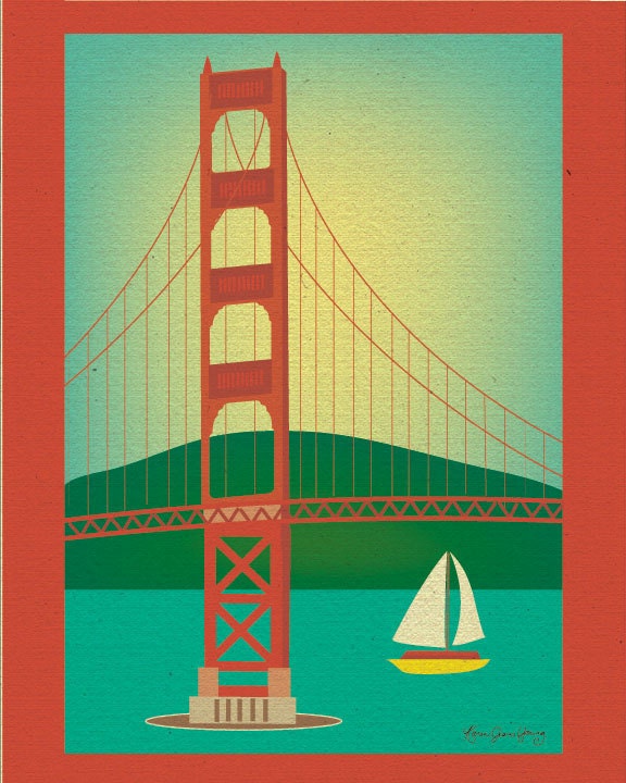 Vintage Style Golden Gate Bridge, San Francisco, CA - Wall Art  Print Gift for Home and Work Office - style E8-O-SF2