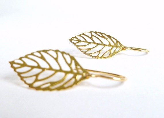 Gold leaf earrings small delicate modern thin by ConstantBaubling