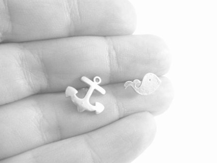 Whale Anchor Earrings - Tiny sweet mismatched whimsical pair of nautical studs in MATTE SILVER or GOLD finish - .925 sterling silver posts