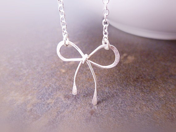 Silver bow necklace - little .925 sterling silver handmade tied wire wrapped bow pendant - simple delicate .925 sterling silver chain